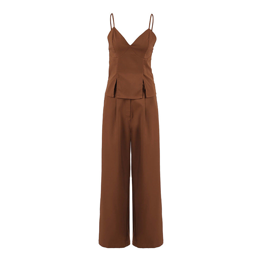 Women's Retro Brown Sling Trousers Two-piece Summer Suits