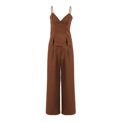 Women's Retro Brown Sling Trousers Two-piece Summer Suits