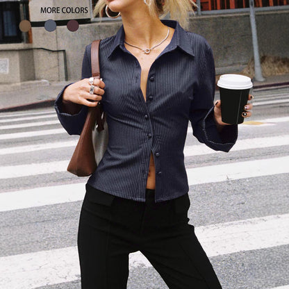 Lapel Breasted Long-sleeved Shirt Slim Striped Blouses