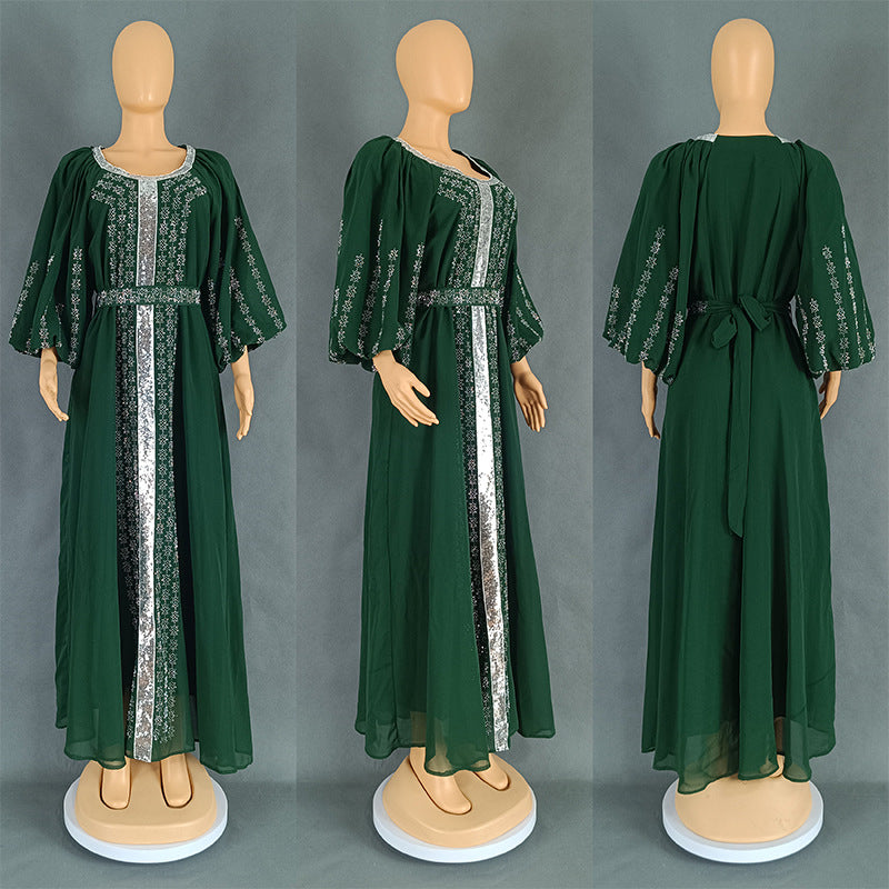 Women's Style Rhinestone Dress Chiffon Puff Sleeve Dresses