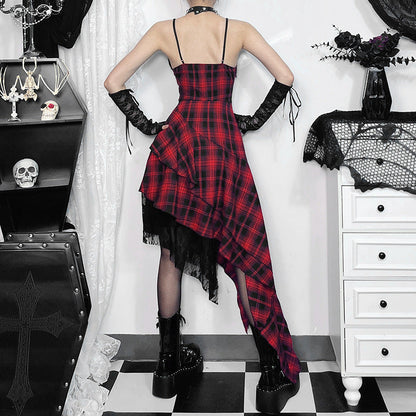 Women's Camisole Dark Irregular Stitching Hem Plaid Dresses