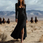 Retro Western Style Deep V Long Sleeve Dresses