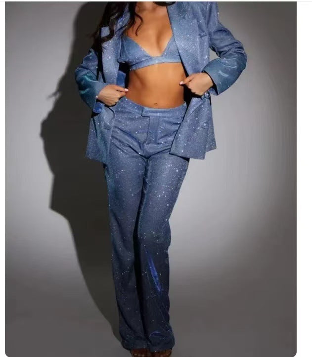 Women's Color Sequins Fashion Casual Set Shirt Suits