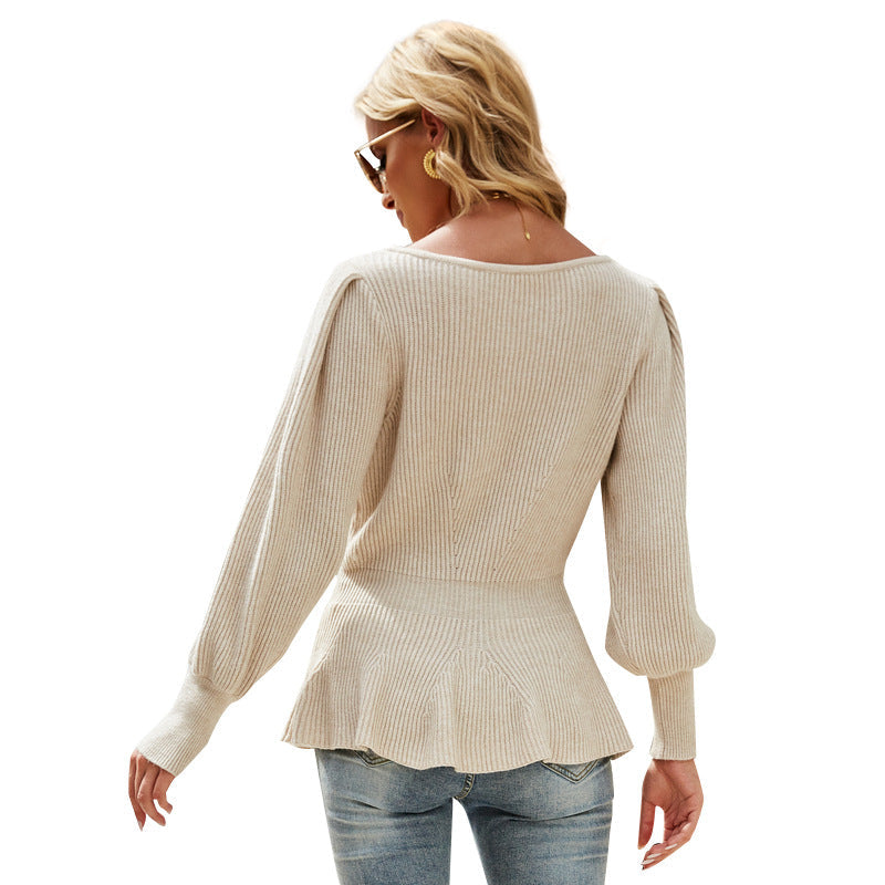 Women's Lantern Sleeve Knitted Solid Color Sweaters