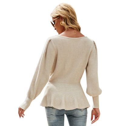 Women's Lantern Sleeve Knitted Solid Color Sweaters
