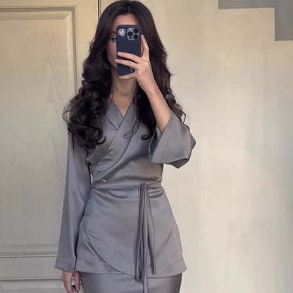 Women's Spring Satin Patchwork Design Long Dress Suits