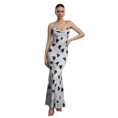 Women's Sexy Suspender Dress Heart Printing Backless Dresses