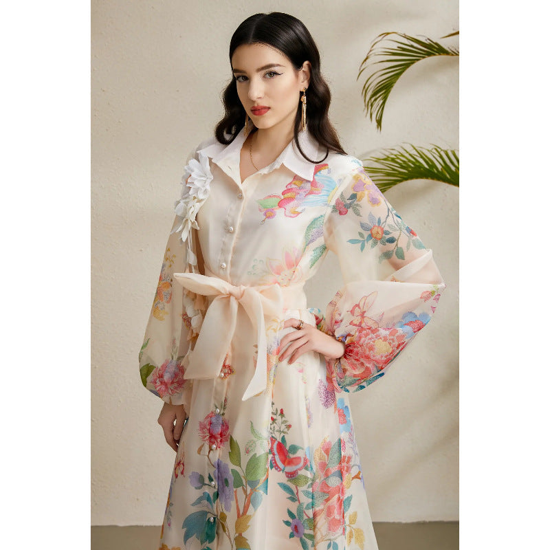 Women's Autumn Three-dimensional Floral Holiday Lapel Lantern Sleeve Dresses