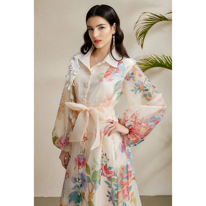 Women's Autumn Three-dimensional Floral Holiday Lapel Lantern Sleeve Dresses
