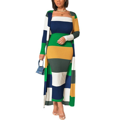 Striped Tube Dress Long Sleeve Two-piece Suits