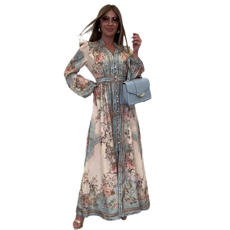 French Style Vintage Fashion Print Elegant Long Dresses