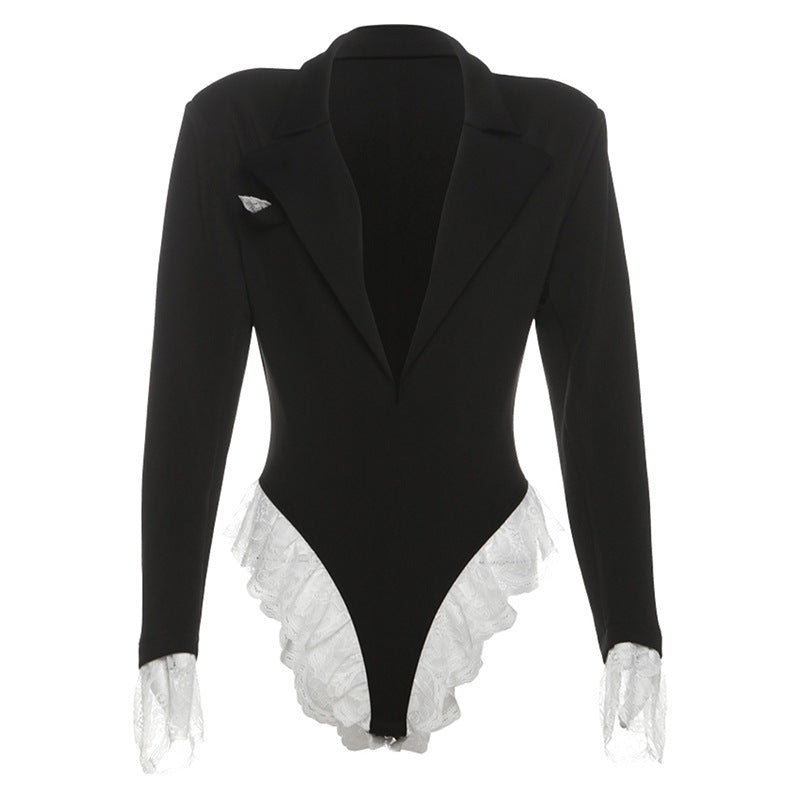 Women's V Lapel Lace Long-sleeved Contrast Color Jumpsuits