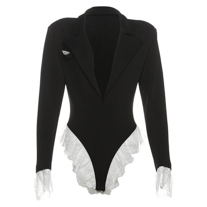 Women's V Lapel Lace Long-sleeved Contrast Color Jumpsuits