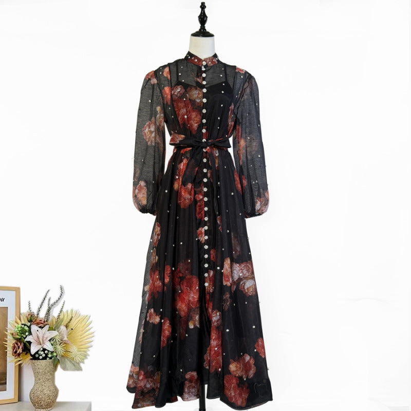 Women's Retro Printed Light Luxury Rhinestone Single-breasted Dresses