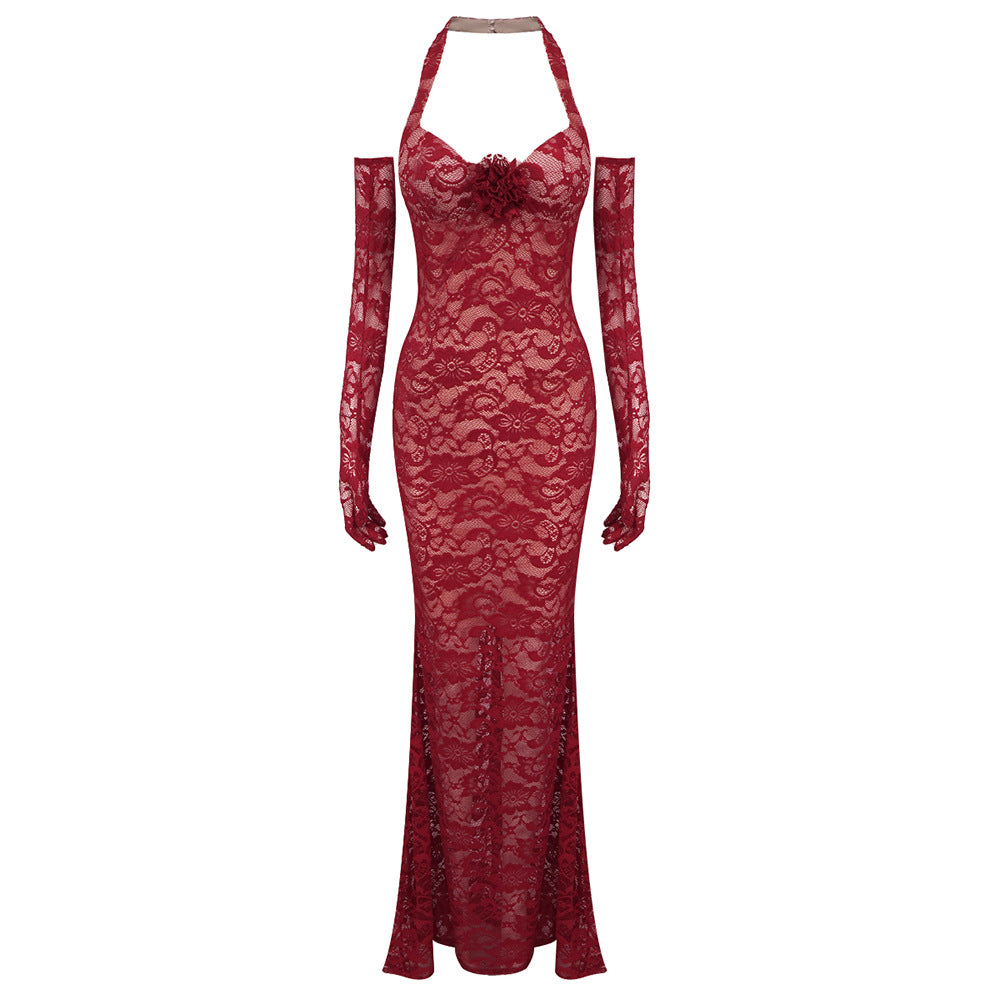 Summer Halter Backless Red Lace Fishtail Dresses