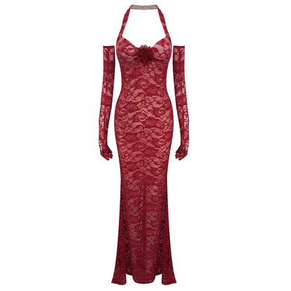 Summer Halter Backless Red Lace Fishtail Dresses