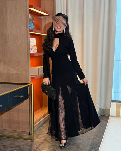 Women's Round Neck Stitching Lace Long Sleeve Slim Dresses