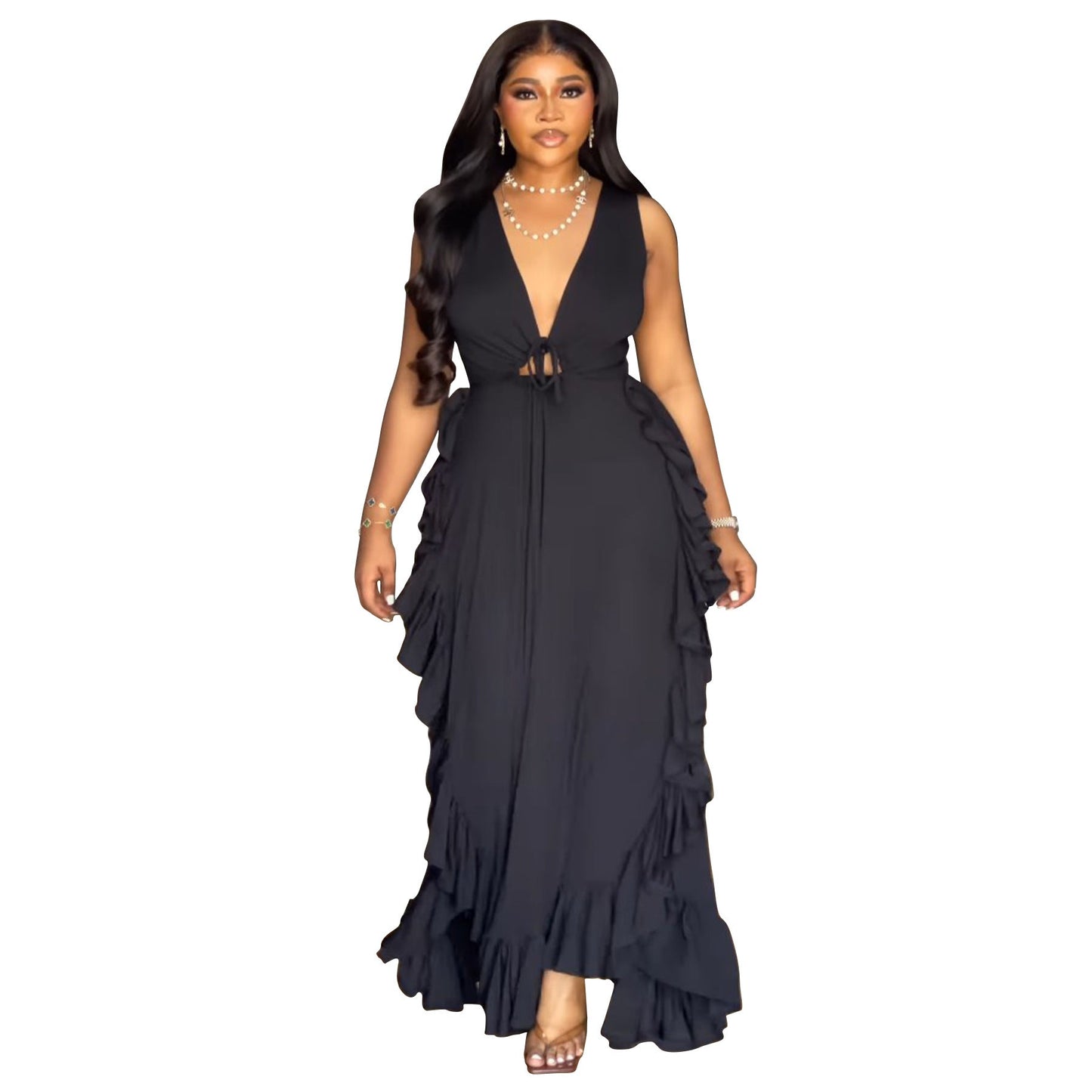 Sexy Cold-shoulder Elegant Ruffled High Waist Dresses