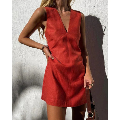 Women's Cotton Linen Sleeveless Dress Summer Basic Solid Dresses
