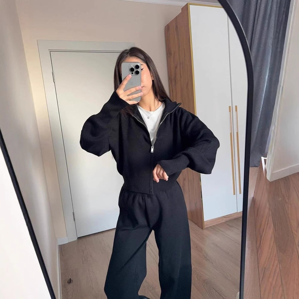 Women's Solid Color Slim Fit Knitted Trousers Suits