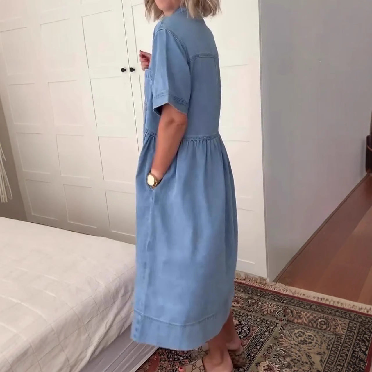 Women's Fashion Wear Lapel Denim Pocket Dresses