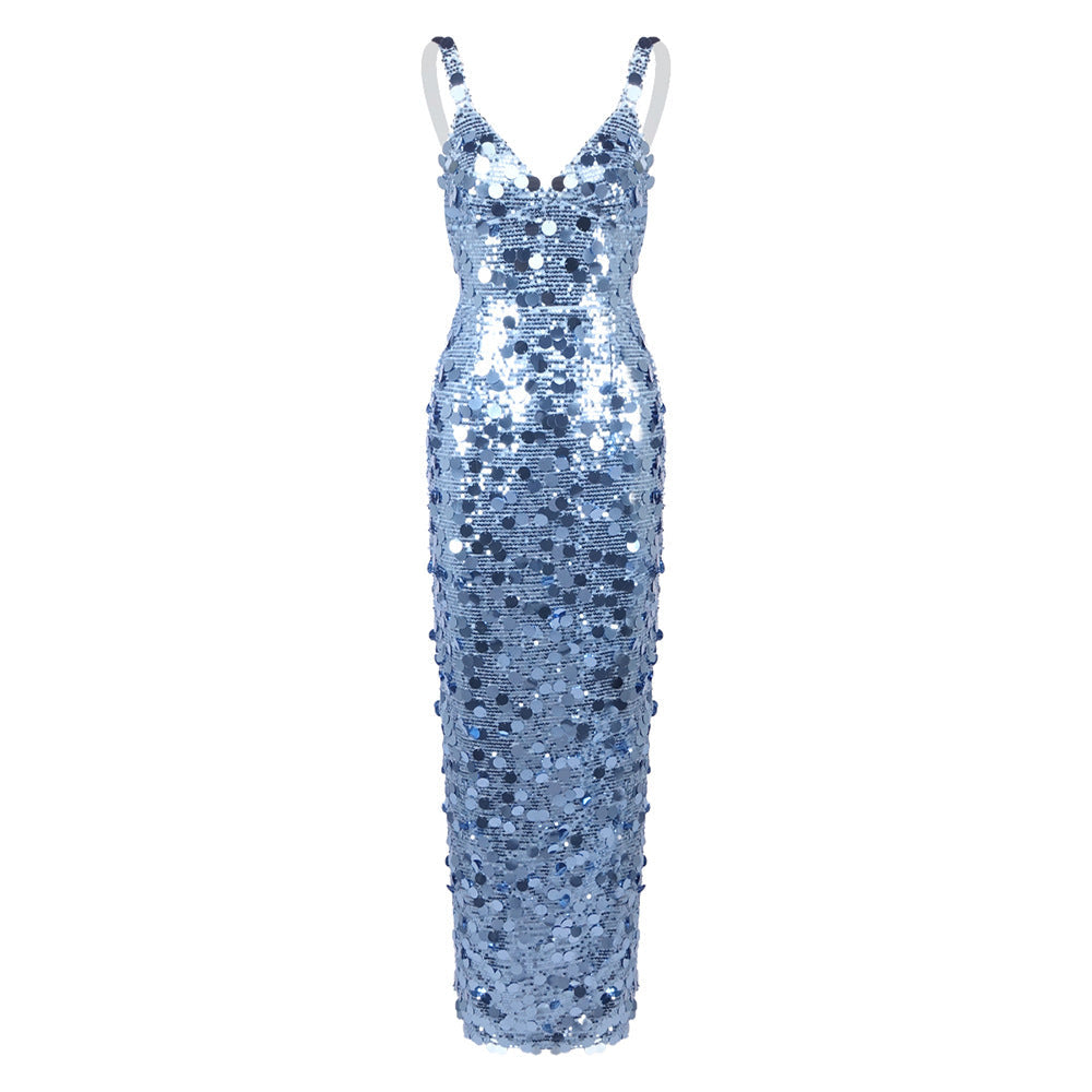 Women's Sequined Blue Sequin With Shoulder Straps Dresses