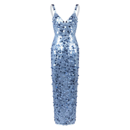 Women's Sequined Blue Sequin With Shoulder Straps Dresses