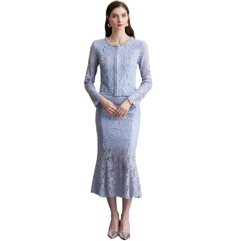 Diamond Round Neck Long Sleeve Crocheted Lace Dresses