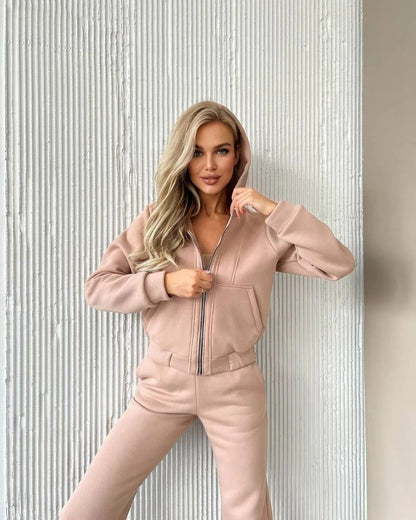 Women's Fleece-lined Long-sleeved Hooded Zipper Trousers Suits