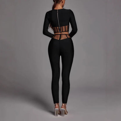 Black Long Sleeve Round Neck Two-piece Mesh Hollow Suits
