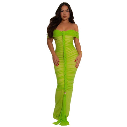Women's Fashion Sexy Pleated Mesh Maxi Dress Dresses