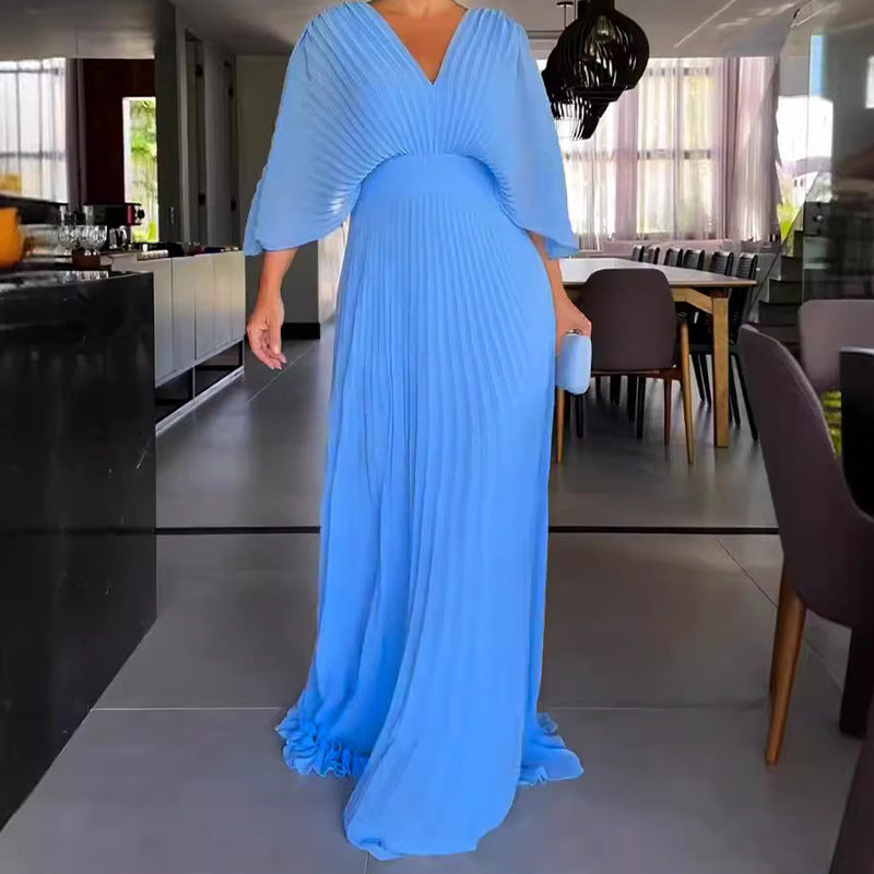 Women's Color Pleated Bat Sleeve High Waist Big Swing Long Dresses