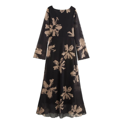 Women's French Retro Swing Collar Printed Mesh Dresses