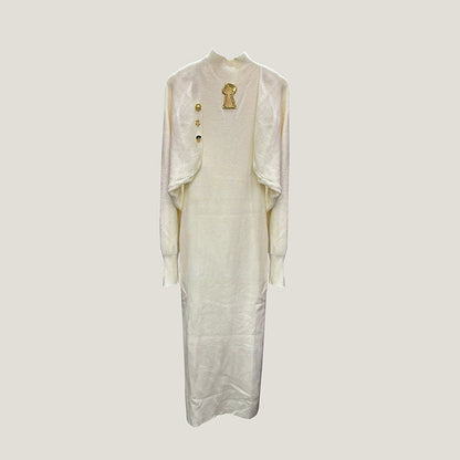 Women's Elegant Metal Decorative Batwing Sleeve Knitted Elastic Long Dresses