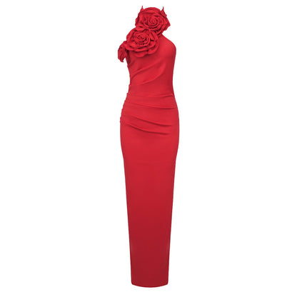Women's Ribbon Flower Long Halter High-grade Dress Dresses