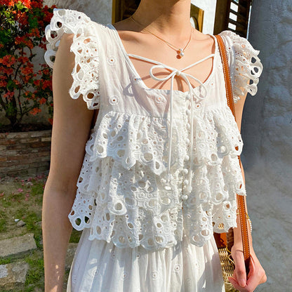 Women's Elegant Summer French Hollow White Suits