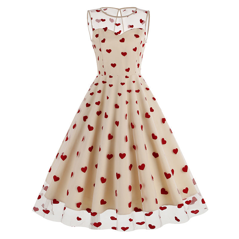 Round Neck Sleeveless Valentine's Day Mesh Embroidered Cherry Dresses