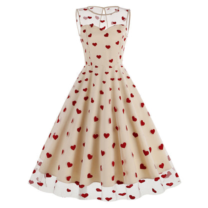 Round Neck Sleeveless Valentine's Day Mesh Embroidered Cherry Dresses
