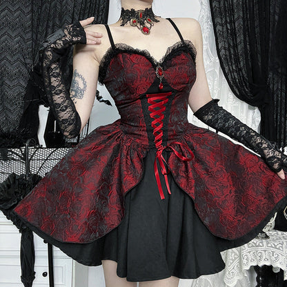 Women's Red Rose Jacquard Suspender Dress Gothic Style Dresses