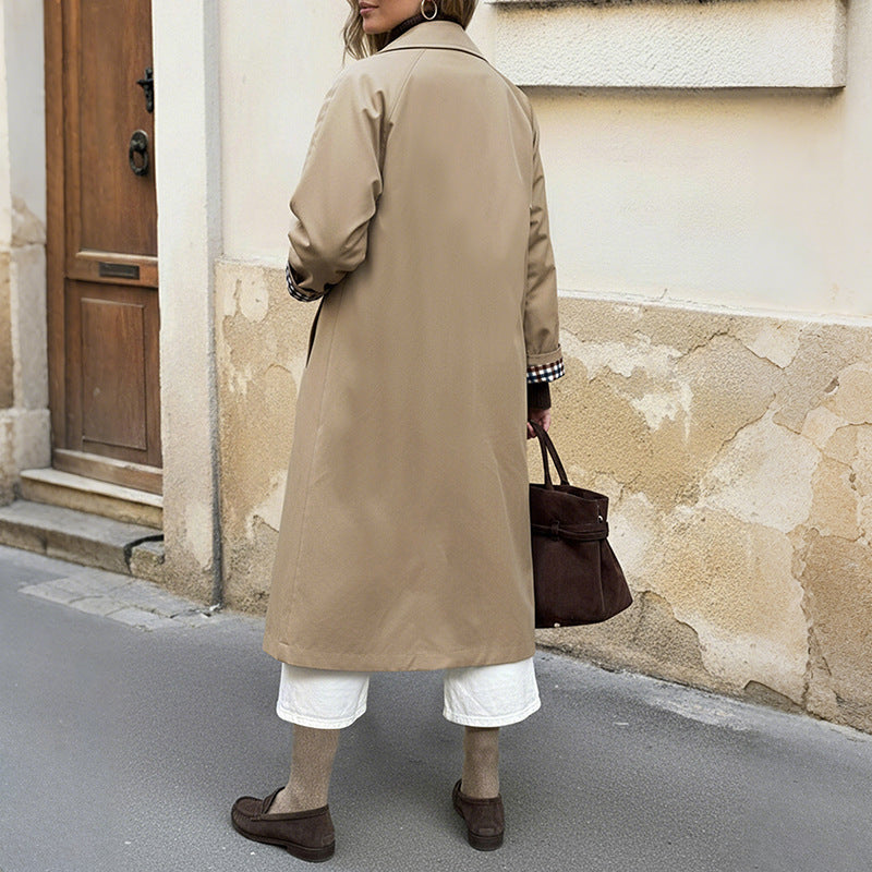 Women's Commute Style Trench Extended Plaid Stitching Coats