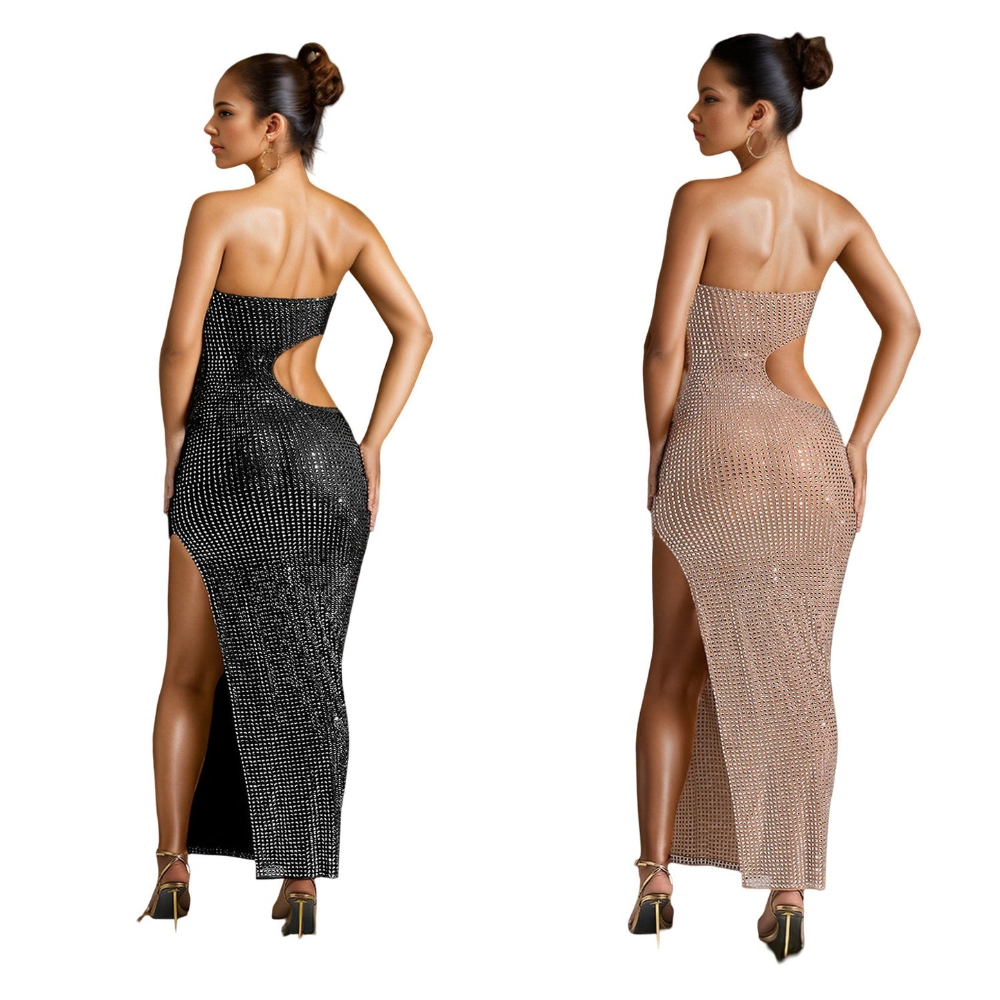 Women's Fashion Wear Rhinestone Split Dress Long Dresses