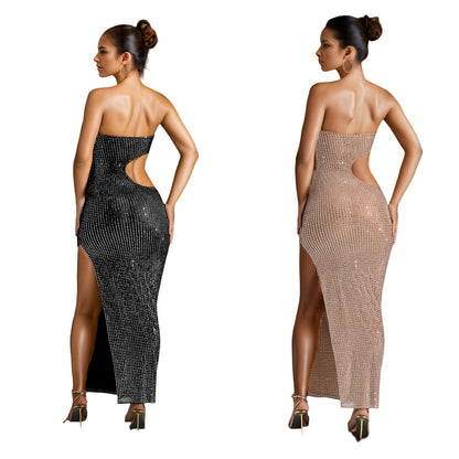 Women's Fashion Wear Rhinestone Split Dress Long Dresses