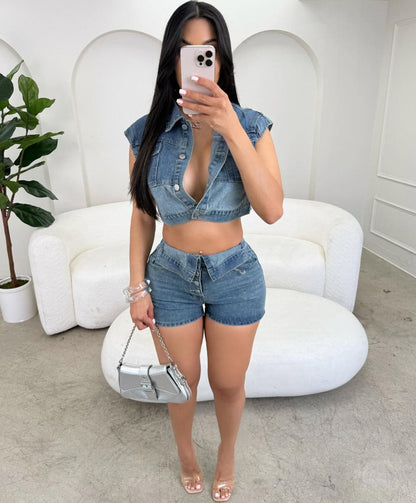 Women's Leisure Washed-out Color Matching Short-sleeved Flanging Suits