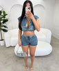 Women's Leisure Washed-out Color Matching Short-sleeved Flanging Suits