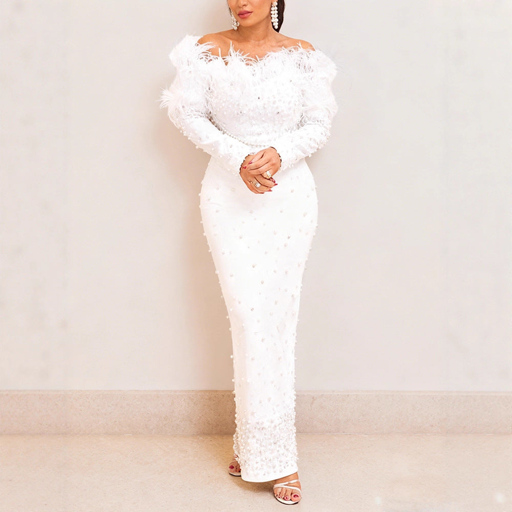 Women's One-word Dress Elegant Bubble Feather Beaded Dresses