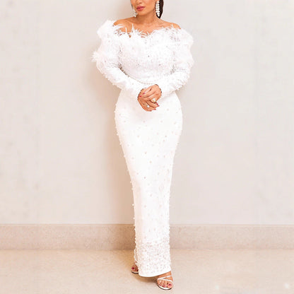 Women's One-word Dress Elegant Bubble Feather Beaded Dresses