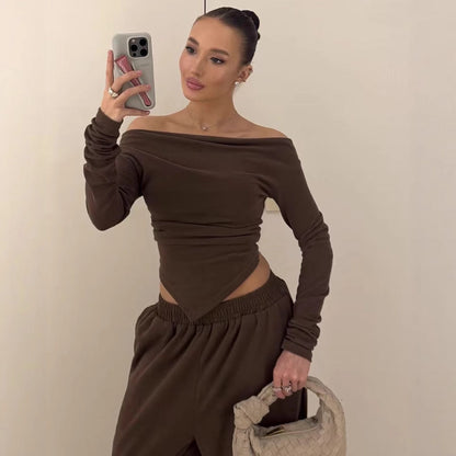 Autumn Asymmetric Hem Long T-shirt Trousers Suits