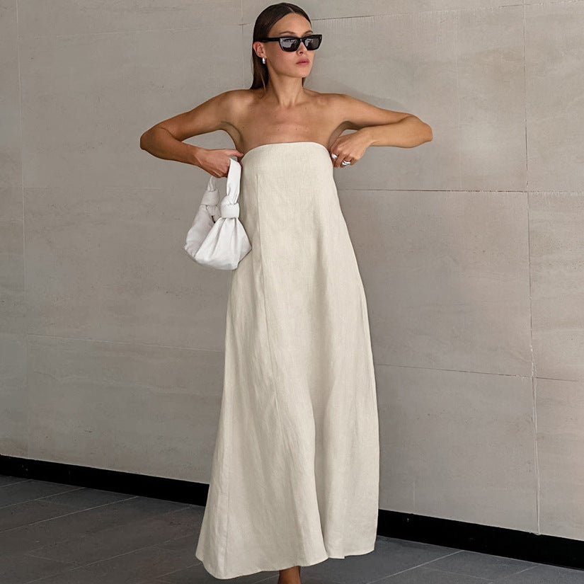 Women's Cotton Linen Tube Vacation High Waist Dresses