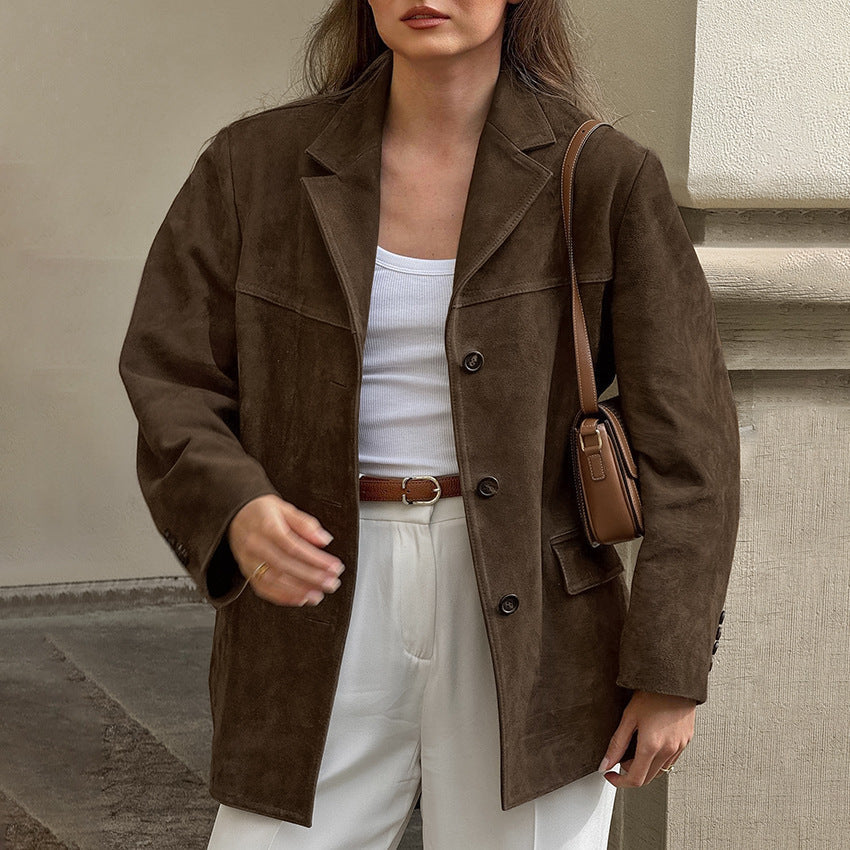 Women's Retro Suede Design Sense Thick Mid-length Lapel Coats
