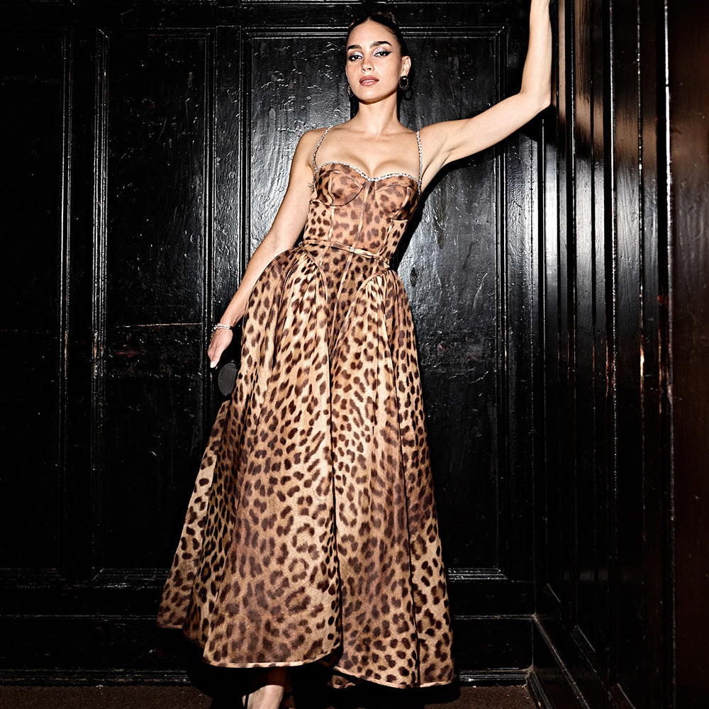 Women's Sexy Sling Summer Leopard Print Backless Dresses